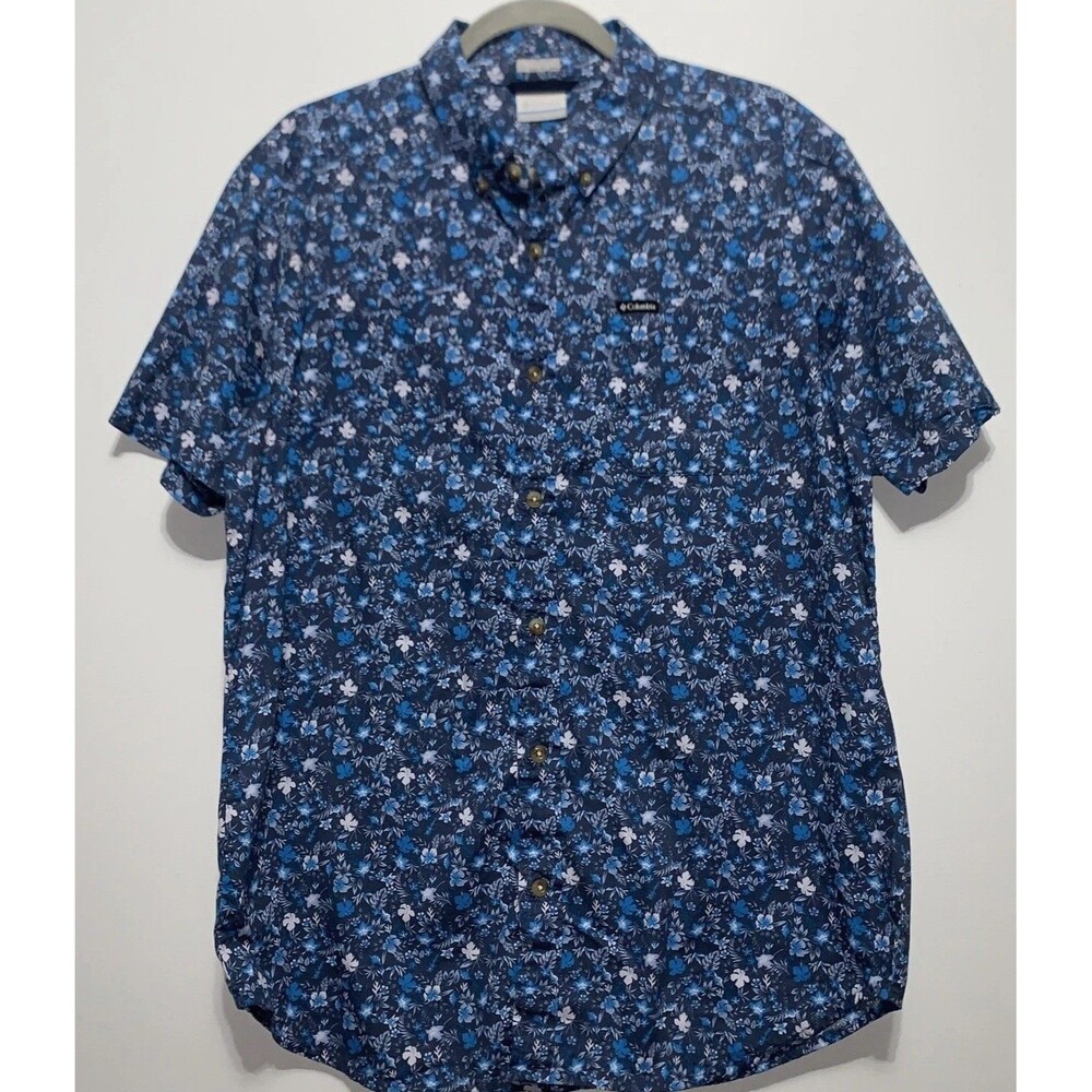 Columbia Shirt Men Medium Blue Hawaiian Tropical Button Up Short Sleeves Beach